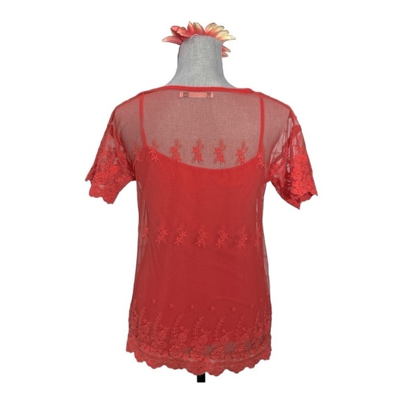 Sfera Coral Sheer Lace Embroidered Short Sleeve Top M - Picture 4 of 10